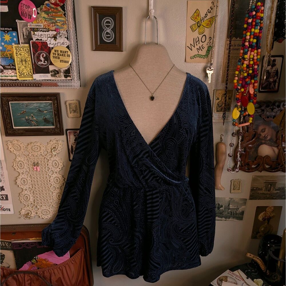 Velvet V-Neck Romper Women's Medium Dark Blue Long Sleeve